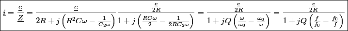 \boxed{\underline{i}=\frac{\underline{e}}{\underline{Z}}=\frac{\underline{e}}{2R+j\left(R^{2}C\omega-\frac{1}{C_{2}\omega}\right)}\frac{\frac{\underline{e}}{2R}}{1+j\left(\frac{RC\omega}{2}-\frac{1}{2RC_{2}\omega}\right)}=\frac{\frac{\underline{e}}{2R}}{1+jQ\left(\frac{\omega}{\omega_{0}}-\frac{\omega_{0}}{\omega}\right)}=\frac{\frac{\underline{e}}{2R}}{1+jQ\left(\frac{f}{f_{0}}-\frac{f_{0}}{f}\right)}}